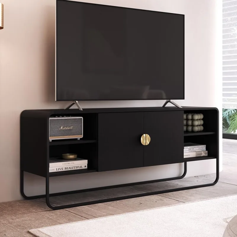 Rack Para Sala de Estar TV 55 Pol Industrial Orgânico Alek A03 Nero Preto - Lyam Decor - Lyam Decor