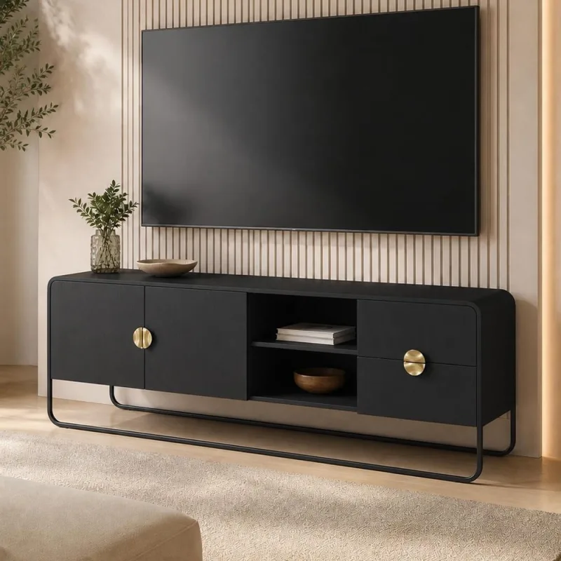 Rack Para Sala de Estar TV 65 Pol Industrial Orgânico Alek A03 Nero Preto - Lyam Decor - Lyam Decor - Móveis
