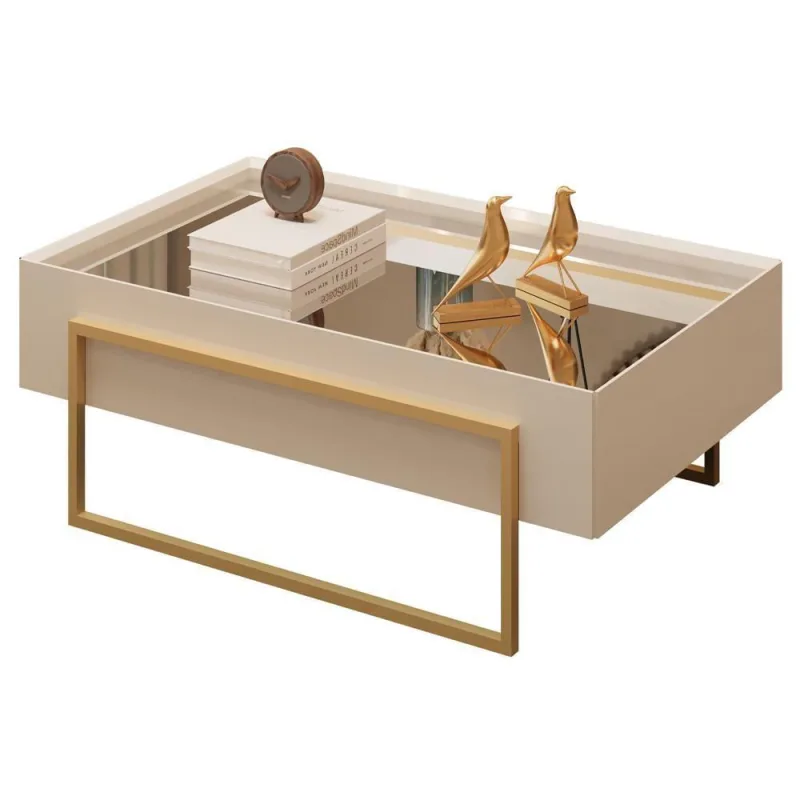 Mesa De Centro Espelhada Para Sala De Estar Pés Industrial Malika D05 Off White - Lyam Decor - Lyam Decor - Móveis