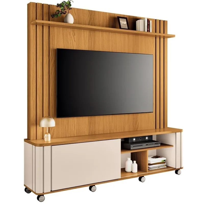 Estante Painel Para Tv 70 Pol Com Rodízios Linus B01 Cinamomo Off White - Lyam Decor - Lyam Decor