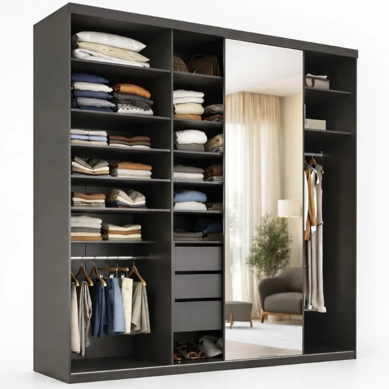 Closet Casal Sonni R02 1 Porta de Correr com Espelho MDF 208cm Preto Lyam Decor