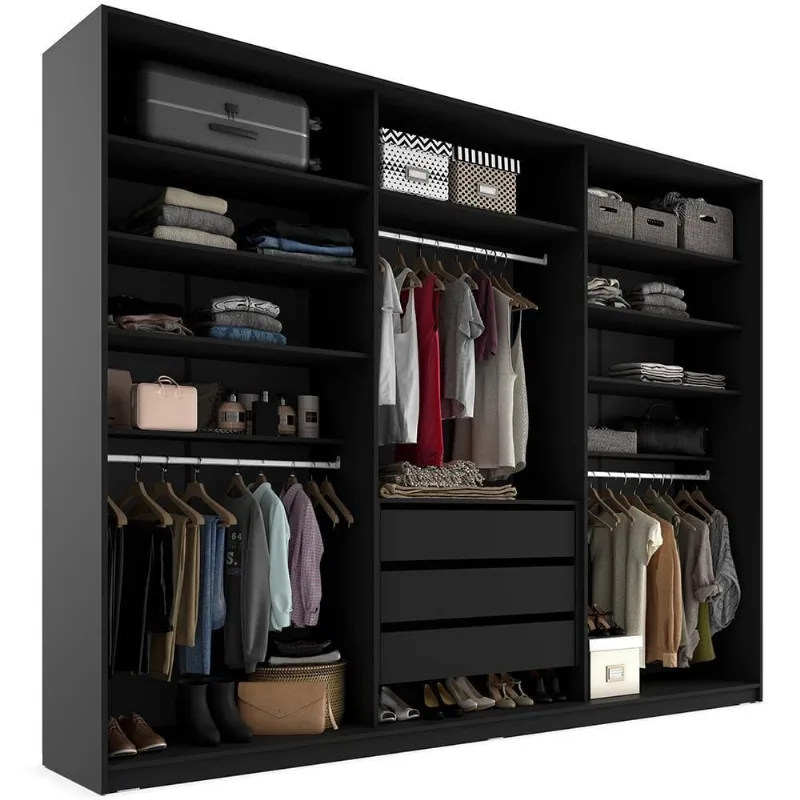 Closet Casal Pisa R02 3 Gavetas 9 Prateleiras Mdf 237cm Preto Lyam Decor - Lyam Decor