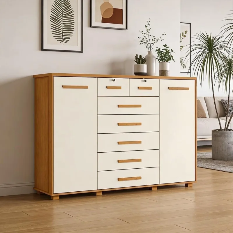 Cômoda Sapateira Riviera A04 7 Gavetas MDF MDP com Puxador MDF Cinamomo Off White Lyam Decor - Lyam Decor - Bebês