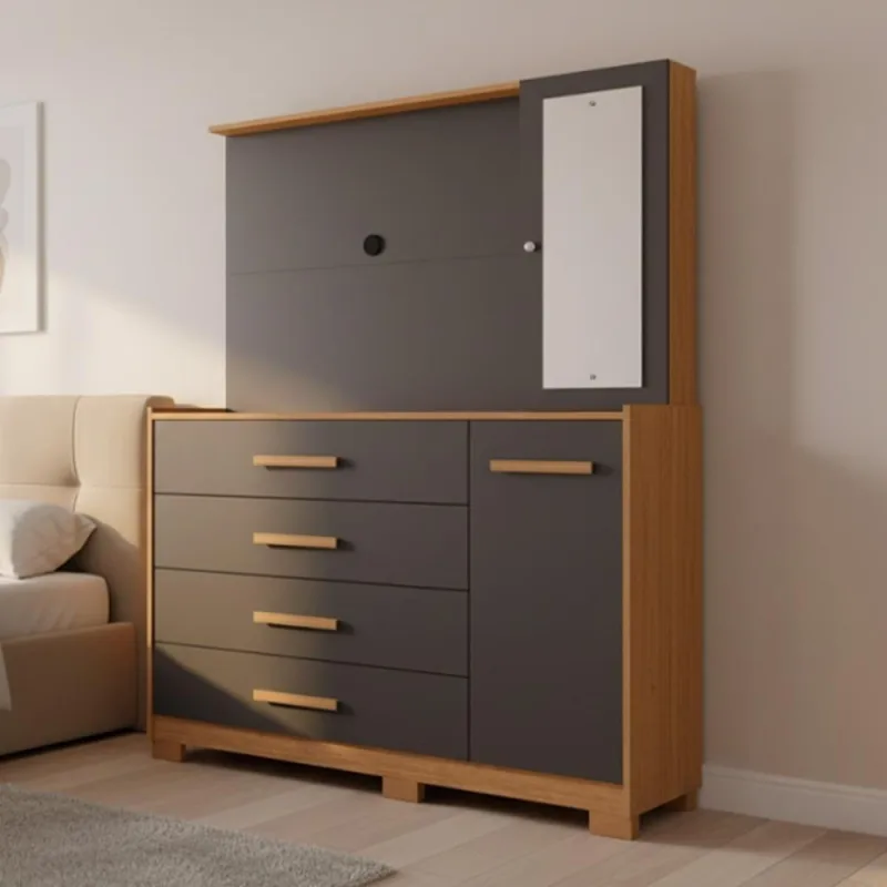 Cômoda Sapateira com Espelho e Painel para Tv Lecco A04 4 Gavetas Mdf Mdp Branco Freijó Titanium - Lyam Decor