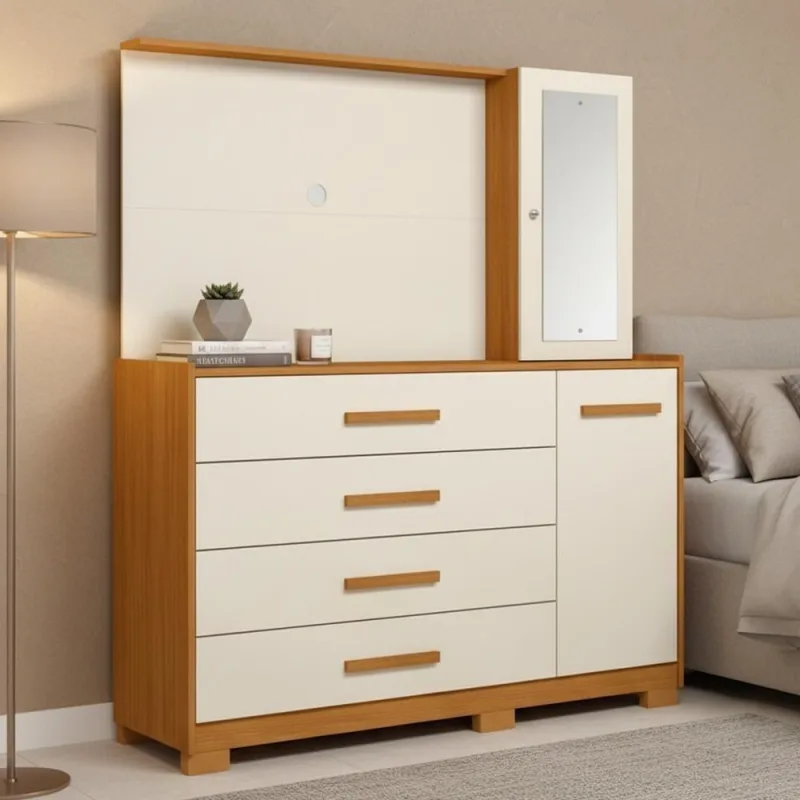 Cômoda Sapateira com Painel para Tv Lecco A04 4 Gavetas Mdf Mdp Cinamomo Off White Lyam Decor - Lyam Decor