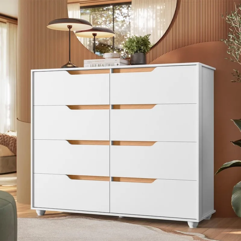 Cômoda Grande Para Quarto 8 Gavetas Biella A04 Flex Branco Freijó - Lyam Decor - Lyam Decor - Móveis