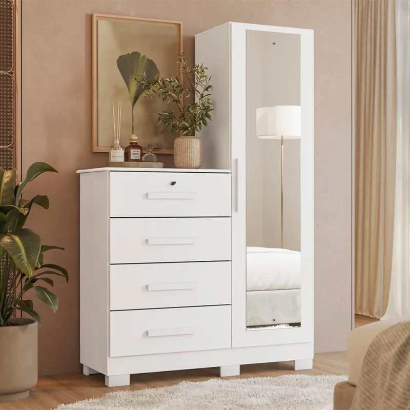 Cômoda Roupeiro com Espelho e Chave 1 Porta 4 Gavetas Pávia A04 Branco - Lyam Decor - Lyam Decor