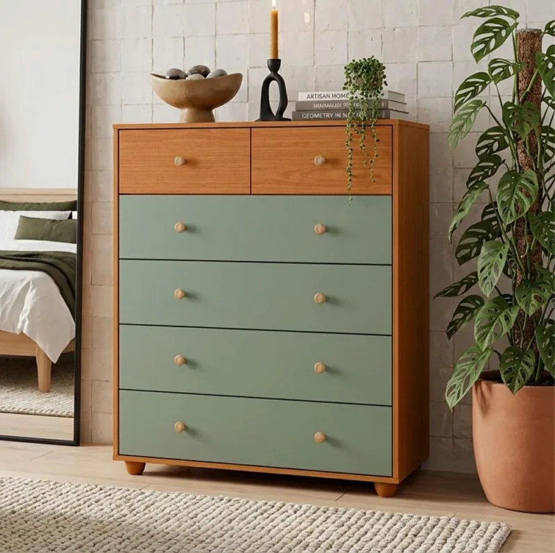 Cômoda Para Quarto 6 Gavetas 90cm Varsóvia A04 Cinamomo Sálvia - Lyam Decor - Lyam Decor - Móveis