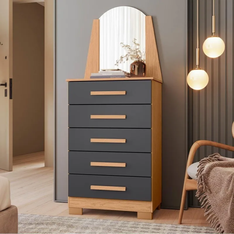 Cômoda para Quarto Savona A04 5 Gavetas MDF MDP Puxador MDF Branco Freijó Titanium Lyam Decor - Lyam Decor