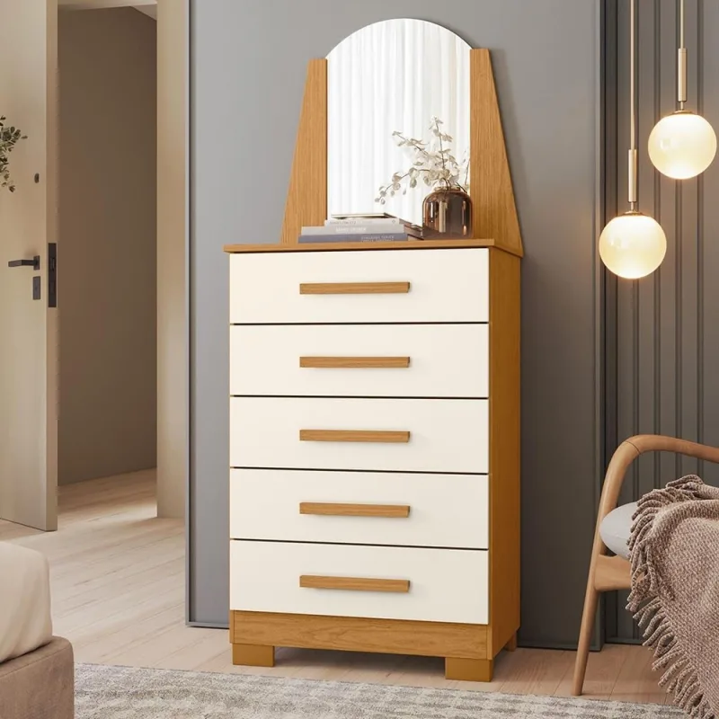 Cômoda Para Quarto Com Espelho 5 Gavetas 63cm Savona A04 Cinamomo Off White - Lyam Decor - Lyam Decor