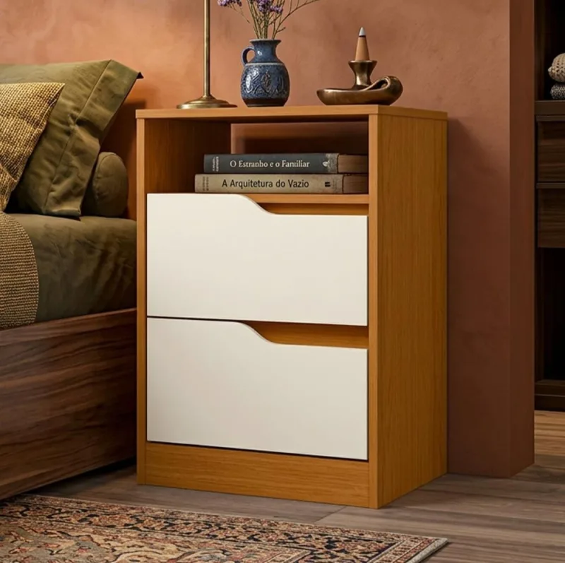 Mesa de Cabeceira Moderna 2 Gavetas 1 Nicho Lody A04 Flex Cinamomo Off White - Lyam Decor - Lyam Decor - Móveis