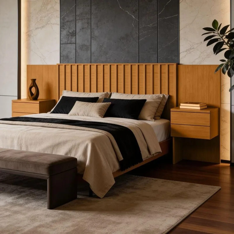 Cabeceira de Madeira Para Cama Box Casal Queen King com Mesas Laterais Andria A04 Cinamomo - Lyam Decor - Lyam Decor