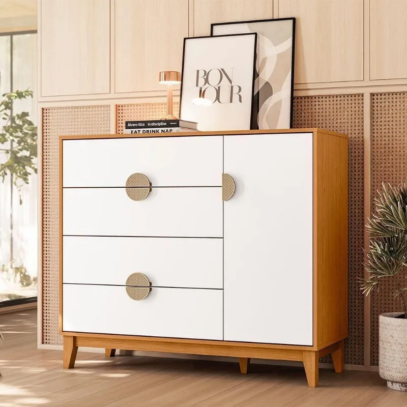 Cômoda Sapateira Abruzzo A04 1 Porta 4 Gavetas MDF Puxador Meia Lua Cinamomo Branco Lyam Decor - Lyam Decor