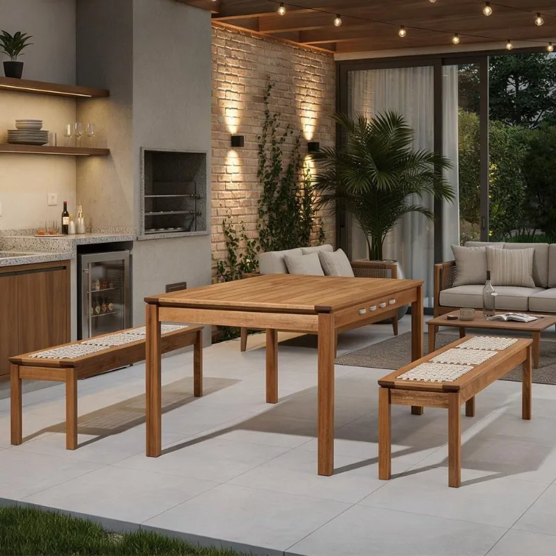 Mesa de Jantar 6 Lugares Com 02 Bancos de Madeira 180cm Trammare C07 Corda Náutica Areia - Lyam Decor - Lyam Decor