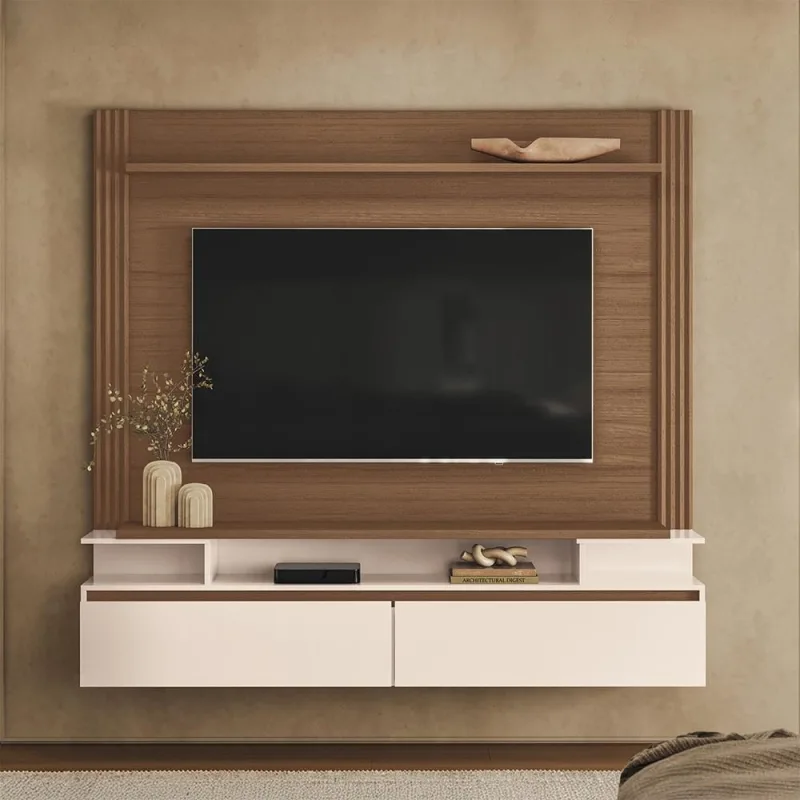 Painel Para TV 65 Pol com Bancada Suspensa 181cm Áquila B01 Castanho Off White - Lyam Decor - Lyam Decor - Móveis