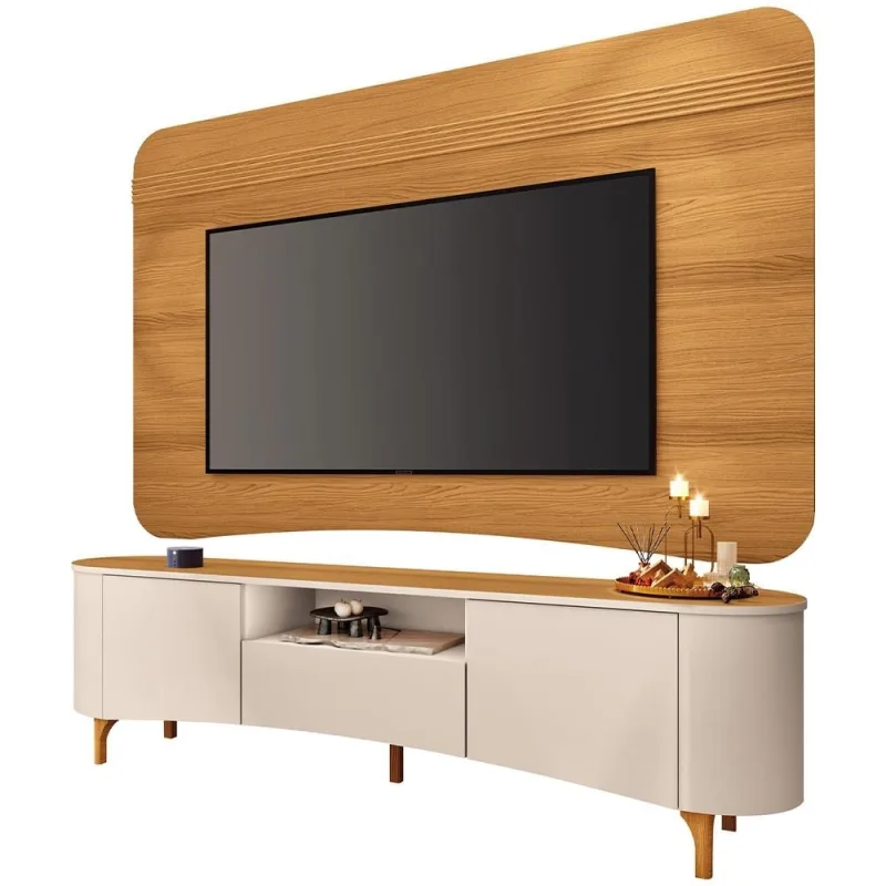 Rack Para Sala Martina Com Painel Para TV 80 Pol Orgânico Ermione B01 Cinamomo Off White - Lyam Decor - Lyam Decor - Móveis