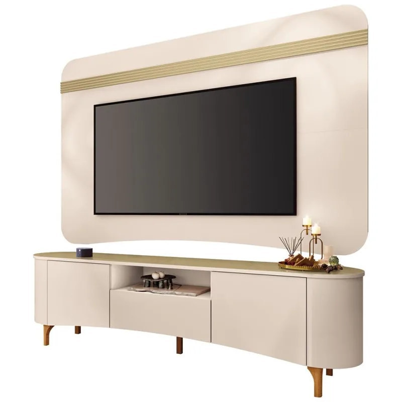 Rack Para Sala Martina Com Painel Para TV 80 Pol Orgânico Ermione B01 Off White Champanhe - Lyam Decor - Lyam Decor - Móveis