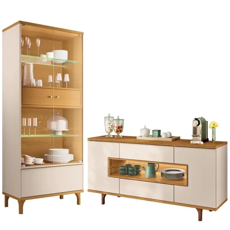 Kit Cristaleira e Buffet Lizzano Lúmen 8 Portas MDF MDP com Iluminação Off White Cinamomo Lyam Decor - Lyam Decor