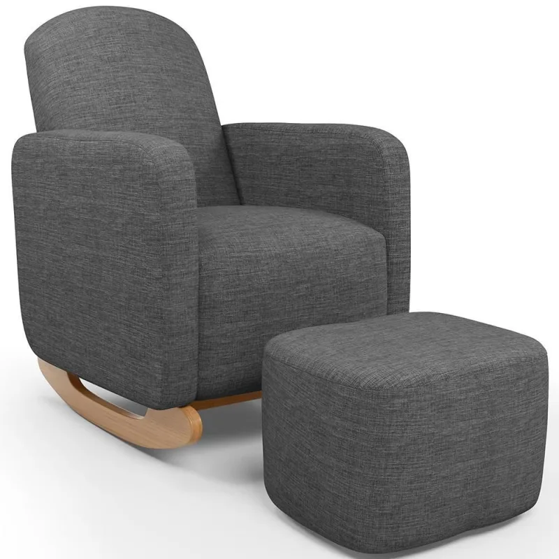 Poltrona De Amamentação Com Balanço E Puff Orgânico Saori W01 Linho Cinza Escuro - Lyam Decor - Lyam Decor - Móveis