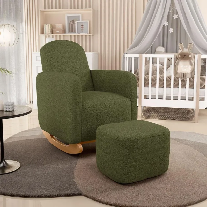 Poltrona de Amamentação com Balanço e Puff Orgânico Saori W01 Linho Verde - Lyam Decor - Lyam Decor