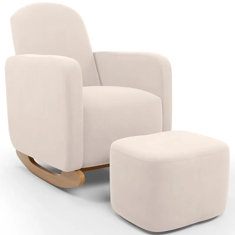 Poltrona De Amamentação Com Balanço E Puff Orgânico Saori W01 Suede Bege - Lyam Decor - Lyam Decor - Móveis