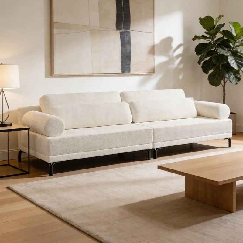 Sofá 3 Lugares Para Sala Living Pés Metálicos 234cm Mondo K01 Bouclê Creme  - Lyam  Decor - Lyam Decor - Móveis