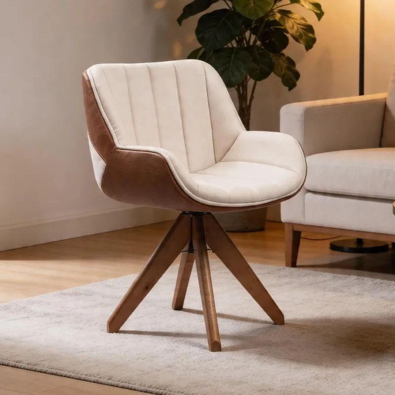 Poltrona Giratória Anika K01 para Sala de Estar Couríssimo Caramelo e Linho Soft Creme Lyam Decor - Lyam Decor - Móveis