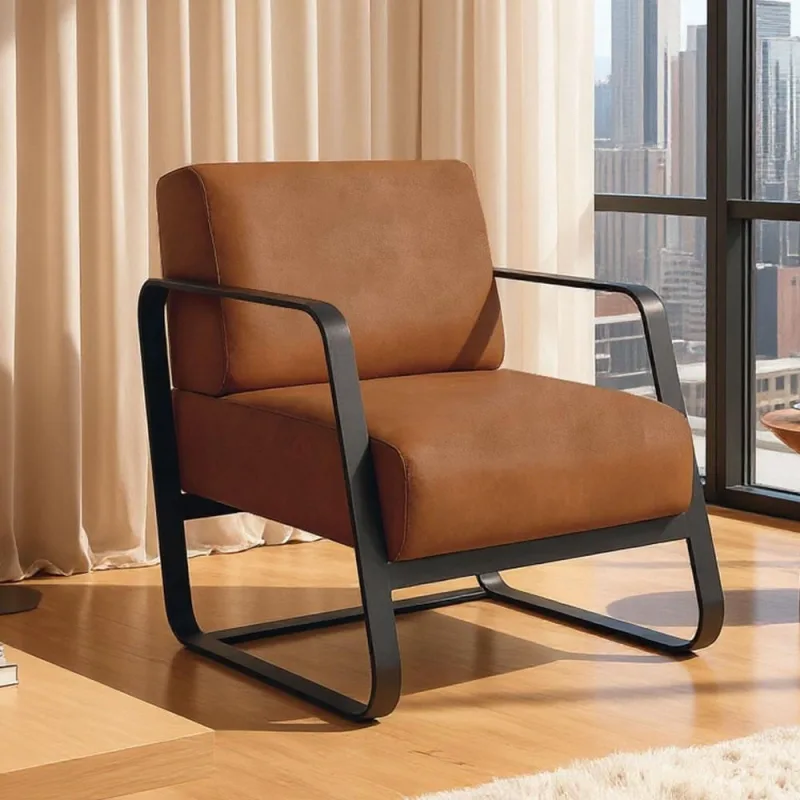 Poltrona Decorativa Para Sala Living Base Industrial Preta Marathi K01 Couríssimo Camel - Lyam Decor - Lyam Decor - Móveis