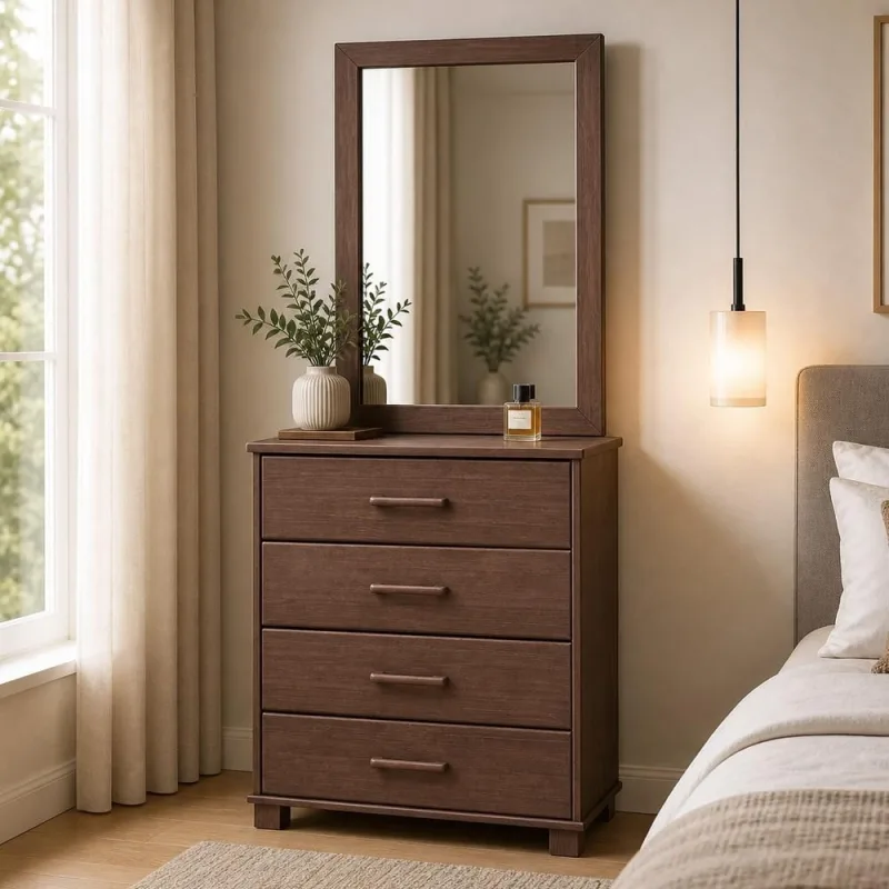 Cômoda Para Quarto 4 Gavetas Com Espelho Decorativo Madeira Maciça Zahav F06 Café - Lyam Decor - Lyam Decor - Móveis