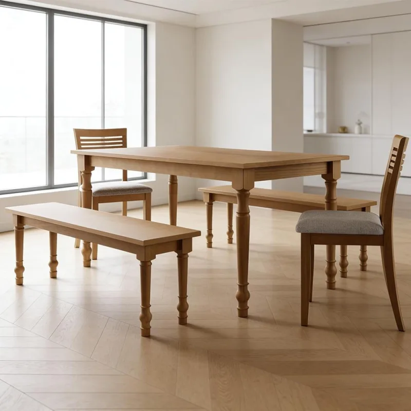 Mesa de Jantar 6 Lugares 160cm Com 02 Bancos de Madeira e 02 Cadeiras Lazuli F06 Freijó - Lyam Decor - Lyam Decor - Móveis