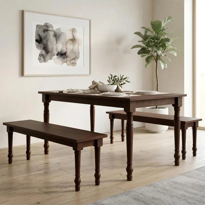Mesa de Jantar 6 Lugares 160cm Com 02 Bancos de Madeira Maciça Lazuli F06 Café - Lyam Decor - Lyam Decor - Móveis