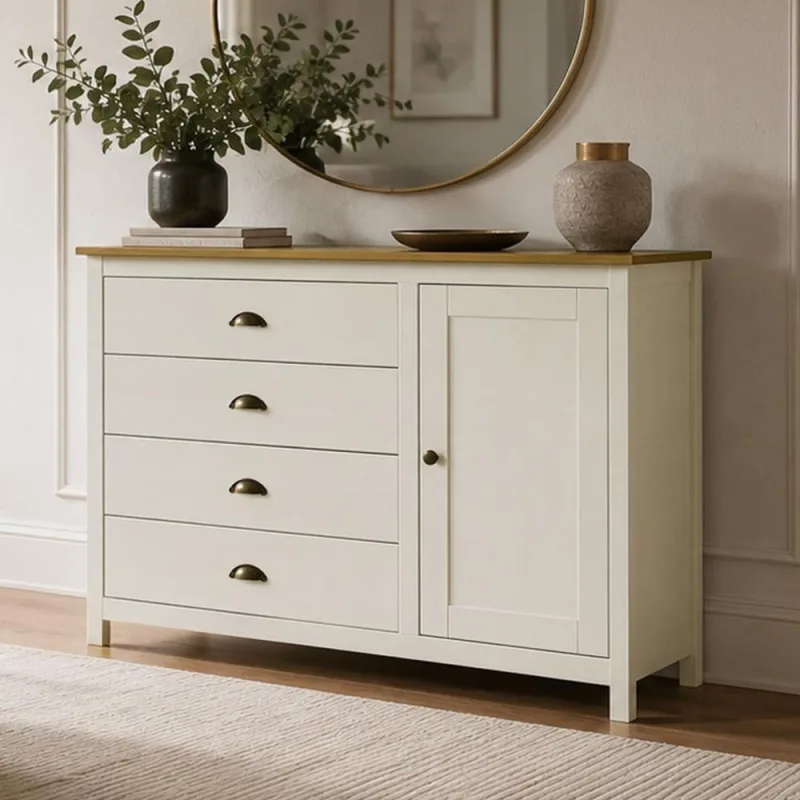 Cômoda Sapateira Para Quarto 4 Gavetas 1 Porta Madeira Maciça Mazzaro F06 Branco Freijó - Lyam Decor - Lyam Decor - Móveis