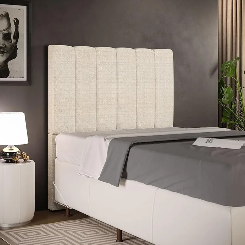 Cabeceira Solteiro Dália W01 para Cama Box Madeira Maciça Linho Palha Bege Lyam Decor