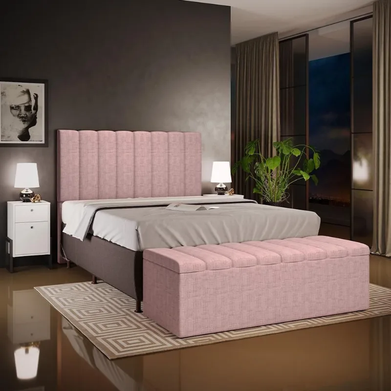 Kit Cabeceira e Calçadeira Baú Dália W01 160cm Queen Linho Rosa Lyam Decor - Lyam Decor