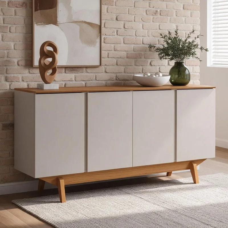 Aparador Buffet Para Sala de Jantar 4 Portas 160cm Pés Retrô Albion N01 Cinamomo Off White - Lyam Decor - Lyam Decor - Móveis
