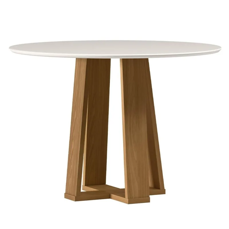 Mesa de Jantar 4 Lugares Redonda 100cm Tampo MDF Com Vidro Belly N01 Ypê Off White - Lyam Decor - Lyam Decor - Móveis