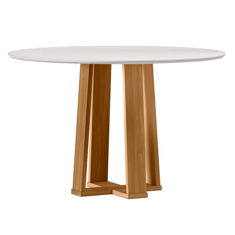 Mesa de Jantar 4 Lugares Redonda 117cm Tampo MDF Com Vidro Belly N01 Ypê Off White - Lyam Decor - Lyam Decor - Móveis