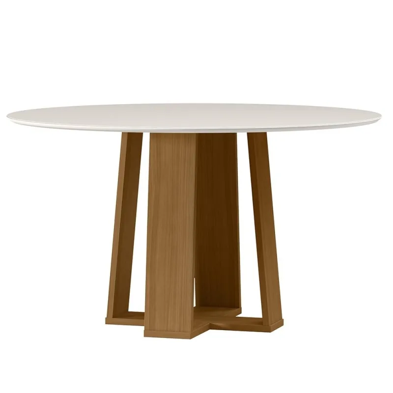 Mesa de Jantar 6 Lugares Redonda 135cm Tampo MDF Com Vidro Belly N01 Ypê Off White - Lyam Decor - Lyam Decor - Móveis