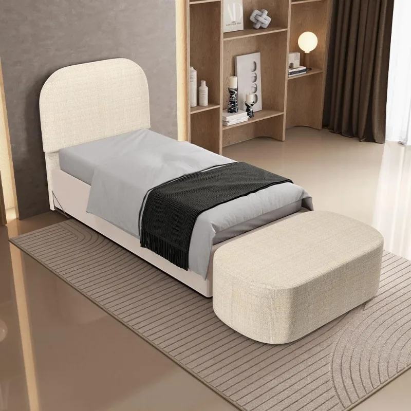 Cabeceira Cama Box Solteiro 100cm Lanna com Puff Recamier Doha W01 Linho Palha - Lyam Decor - Lyam Decor