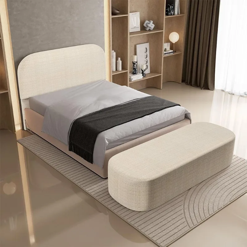 Cabeceira Cama Box Casal 140cm Lanna com Puff Recamier Doha W01 Linho Palha - Lyam Decor - Lyam Decor