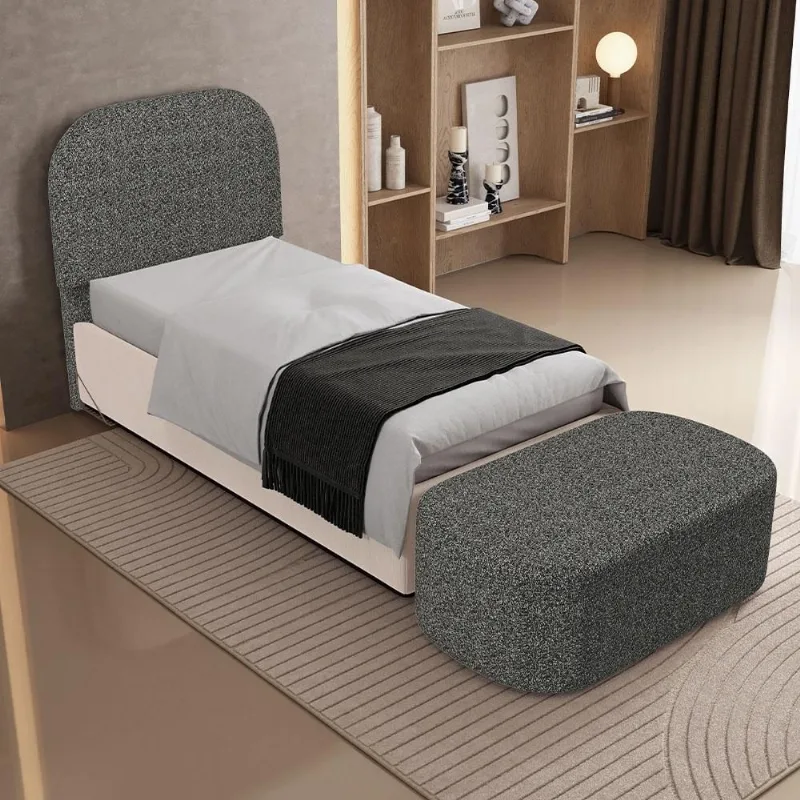 Cabeceira Cama Box Solteiro 100cm Lanna com Puff Recamier Doha W01 Linho Mescla Chumbo - Lyam Decor - Lyam Decor