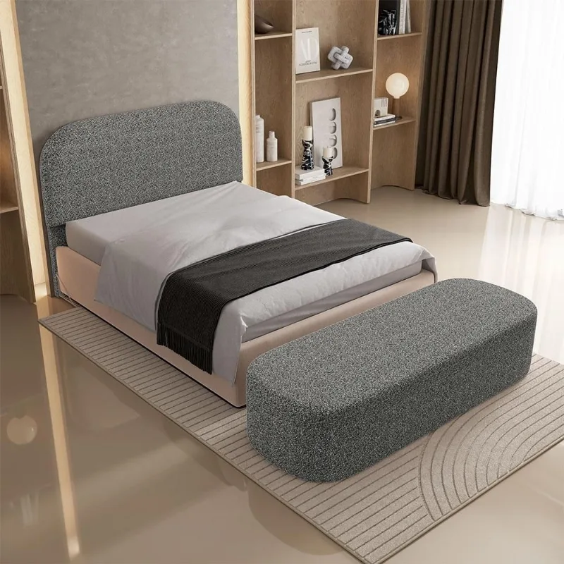 Cabeceira Cama Box Queen 160cm Lanna com Puff Recamier Doha W01 Linho Mescla Chumbo - Lyam Decor - Lyam Decor