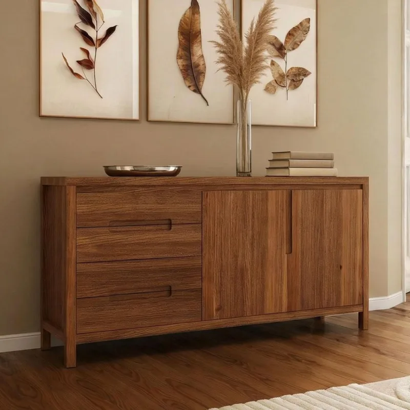Aparador Buffet Para Sala de Jantar 2 Portas 4 Gavetas 165cm Madeira Maciça Dunia F06 Rústico Escuro - Lyam Decor - Lyam Decor