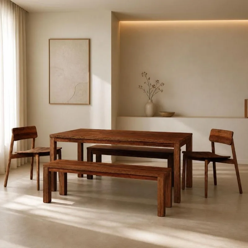 Mesa de Jantar 6 Lugares 180cm Com 02 Bancos de Madeira e 02 Cadeiras Dunia F06 Rústico Escuro - Lyam Decor - Lyam Decor - Móveis