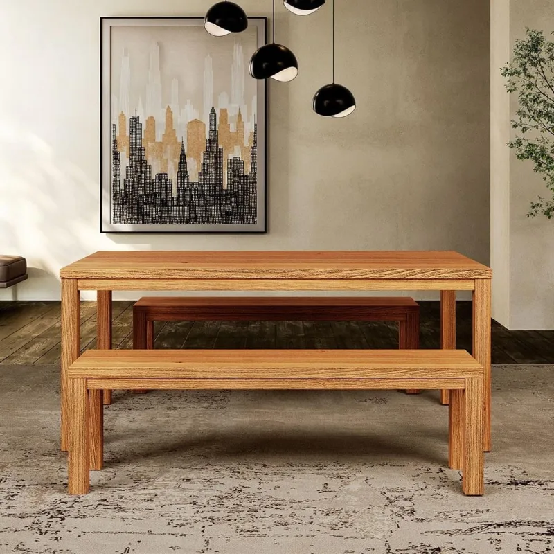 Mesa de Jantar 6 Lugares 180cm Com 02 Bancos de Madeira Maciça Dunia F06 Rústico Claro - Lyam Decor - Lyam Decor - Móveis