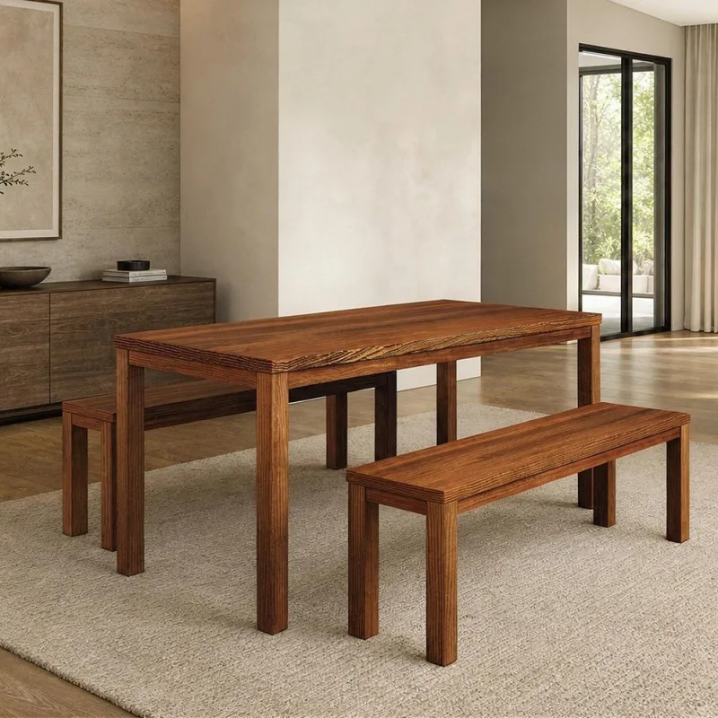 Mesa de Jantar 6 Lugares 180cm Com 02 Bancos de Madeira Maciça Dunia F06 Rústico Escuro - Lyam Decor - Lyam Decor