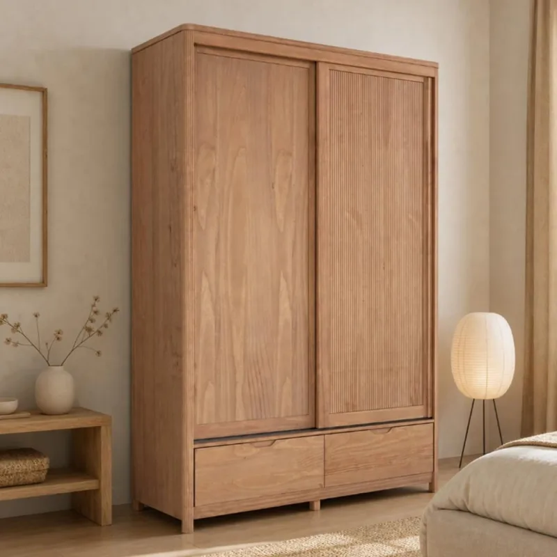 Guarda Roupa Solteiro 2 Portas De Correr 2 Gavetas 150cm Madeira Maciça Benton F06 Tauari - Lyam Decor - Lyam Decor