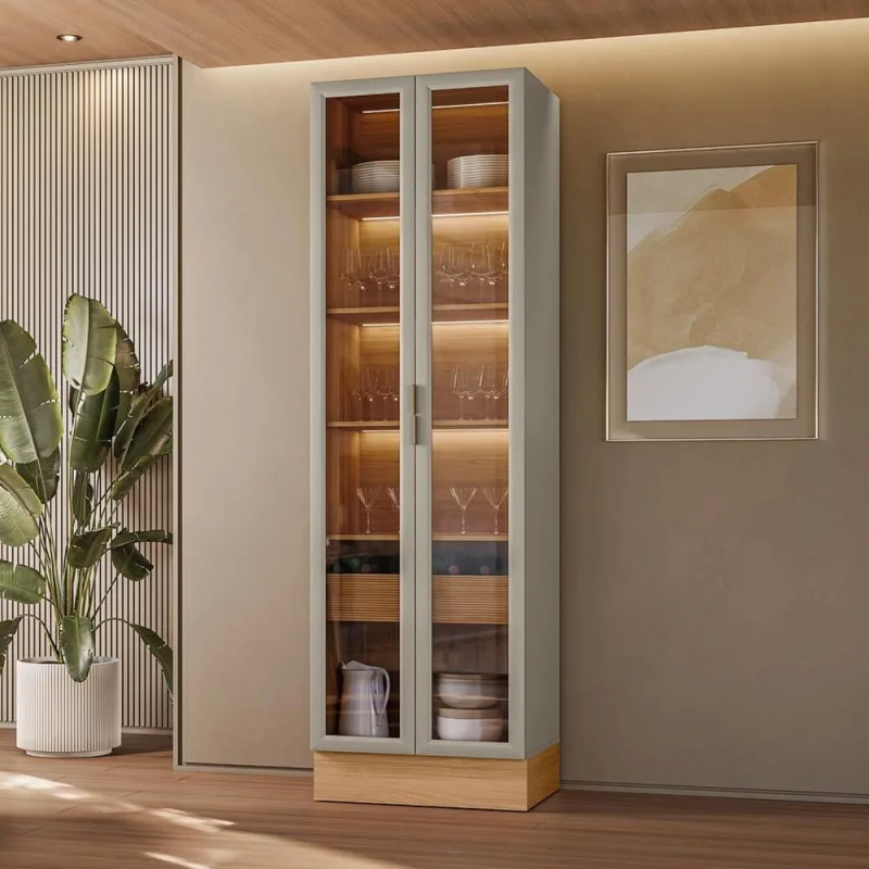 Cristaleira Para Sala de Jantar 2 Portas de Vidro Com LED Fascínio L05 Jequitibá Gris Fosco - Lyam Decor - Lyam Decor - Móveis