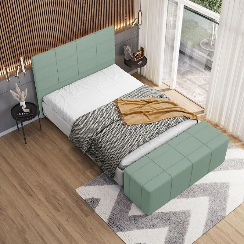 Kit Cabeceira com Calçadeira Roma W01 Queen Estofada em Linho Verde Menta Lyam Decor