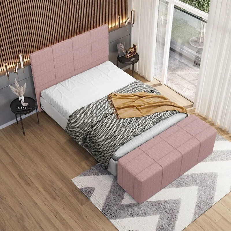 Kit Cabeceira com Calçadeira Roma W01 Queen Madeira Maciça Linho Rosa Lyam Decor - Lyam Decor